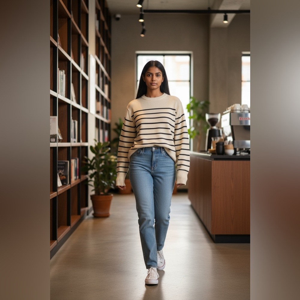 ZARA Cream & Navy Stripe Knit Sweater | Relaxed Fit | Size S
